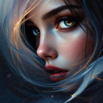 The primary subject of the image is a woman with long hair and a blue hue. She is wearing a blue veil and has a blue-green color to her skin. The setting is a dark background, which contrasts with the woman's blue appearance. The visual style is a digital art or illustration, creating a surreal and dreamy atmosphere. The colors and mood of the image are predominantly blue, giving it a serene and enchanting feel.